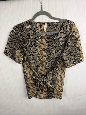 hello miss Snake-Print Tie Front Blouse in Tan and Black